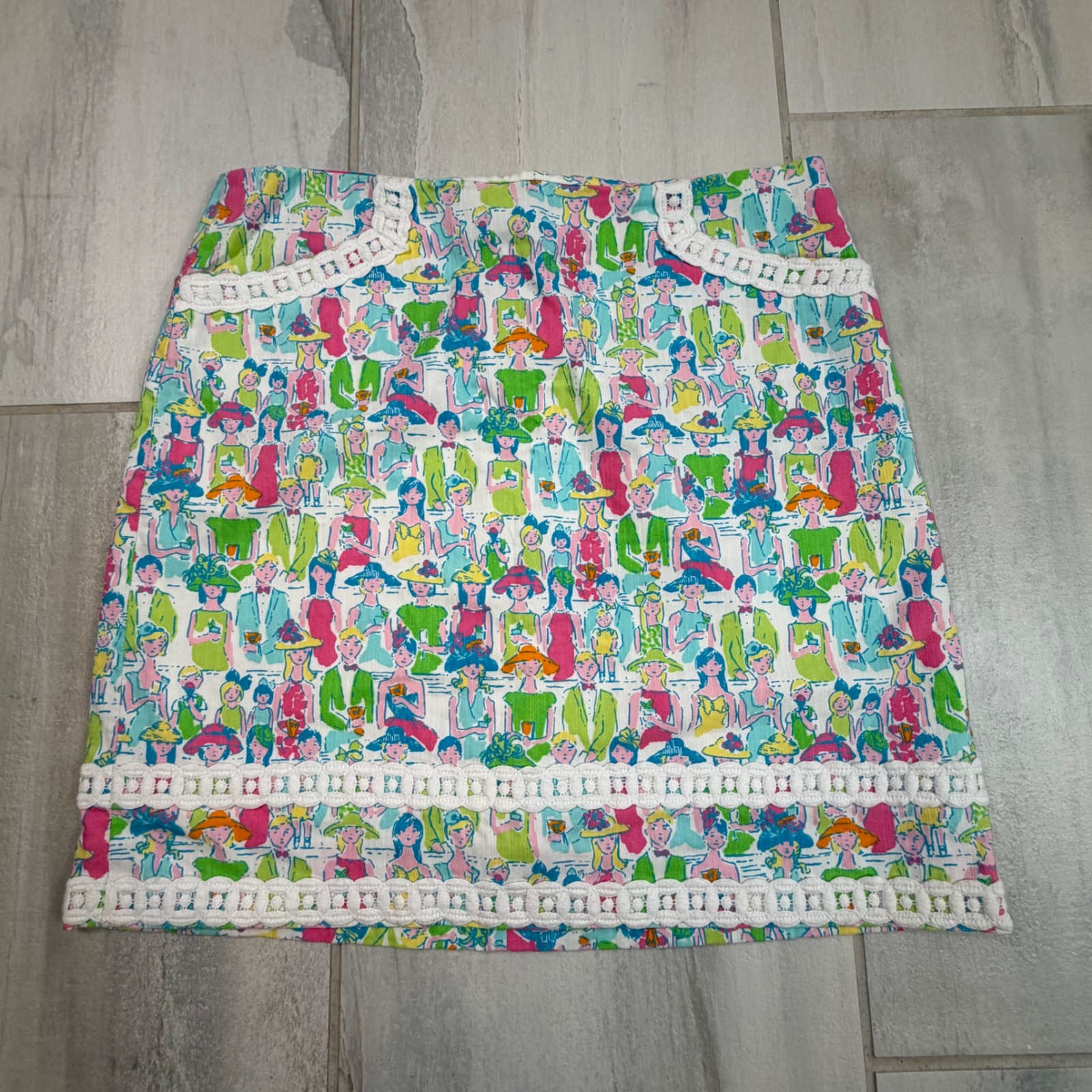 Vtg Lilly Pulitzer Originals Giddy Up Grandstand Roslyn Skirt Print Lace Trim 10